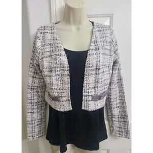 Lovely Day Blazer Women's-Small- Cropped-Open Front, Tweed, White/Maroon/Black